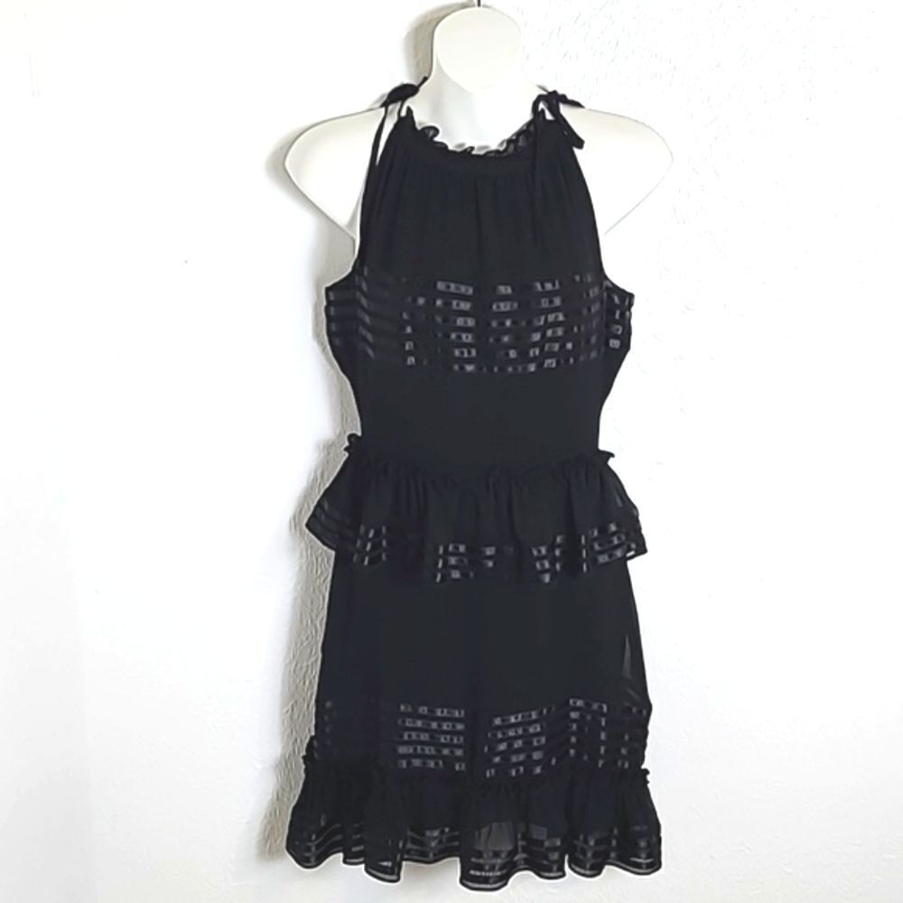 Gianni Bini Black Dress, Satin Ribbon Accents, Ruffles,Halter Top w/Ties, Size 0